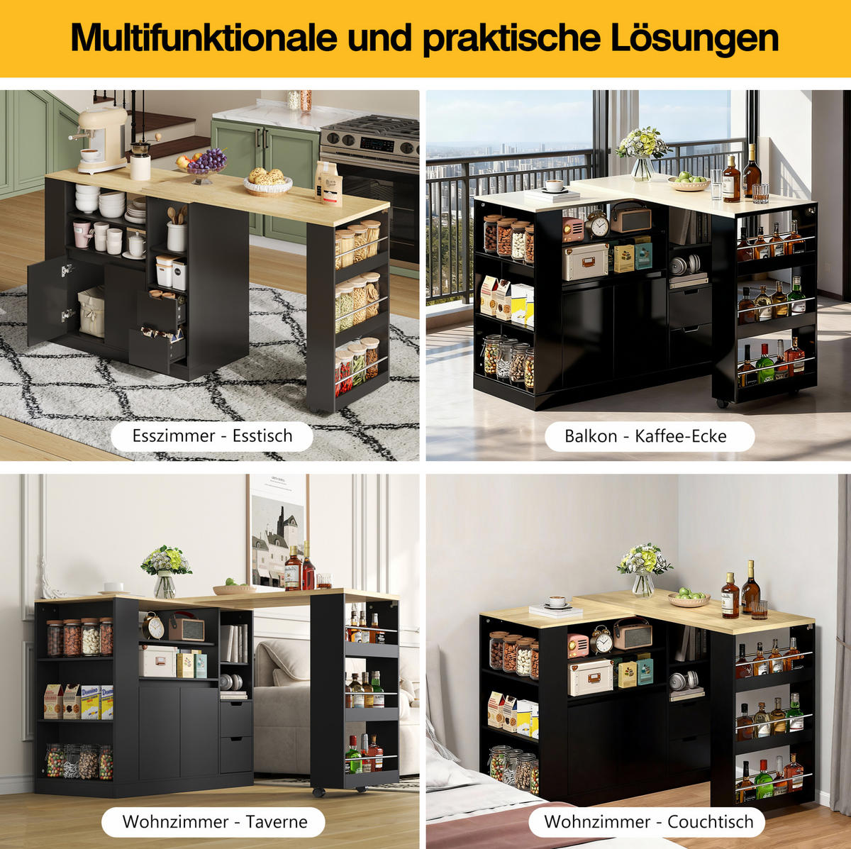 KÜCHENINSEL 115x50x92cm Schwarz mit drehbarer Ausziehplatte & Gewürzregal - Schwarz, Holzwerkstoff (115/92/50cm) - Modfu