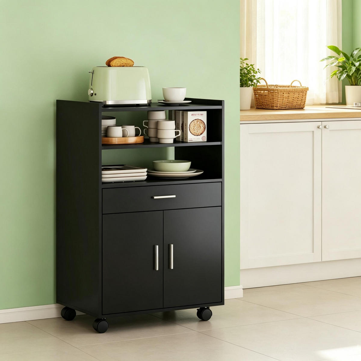SERVIERWAGEN DE-38822 59/40/92 cm 4 Rollen und Schublade Schwarz - Schwarz, Holzwerkstoff (59/92/40cm) - ComfortXL