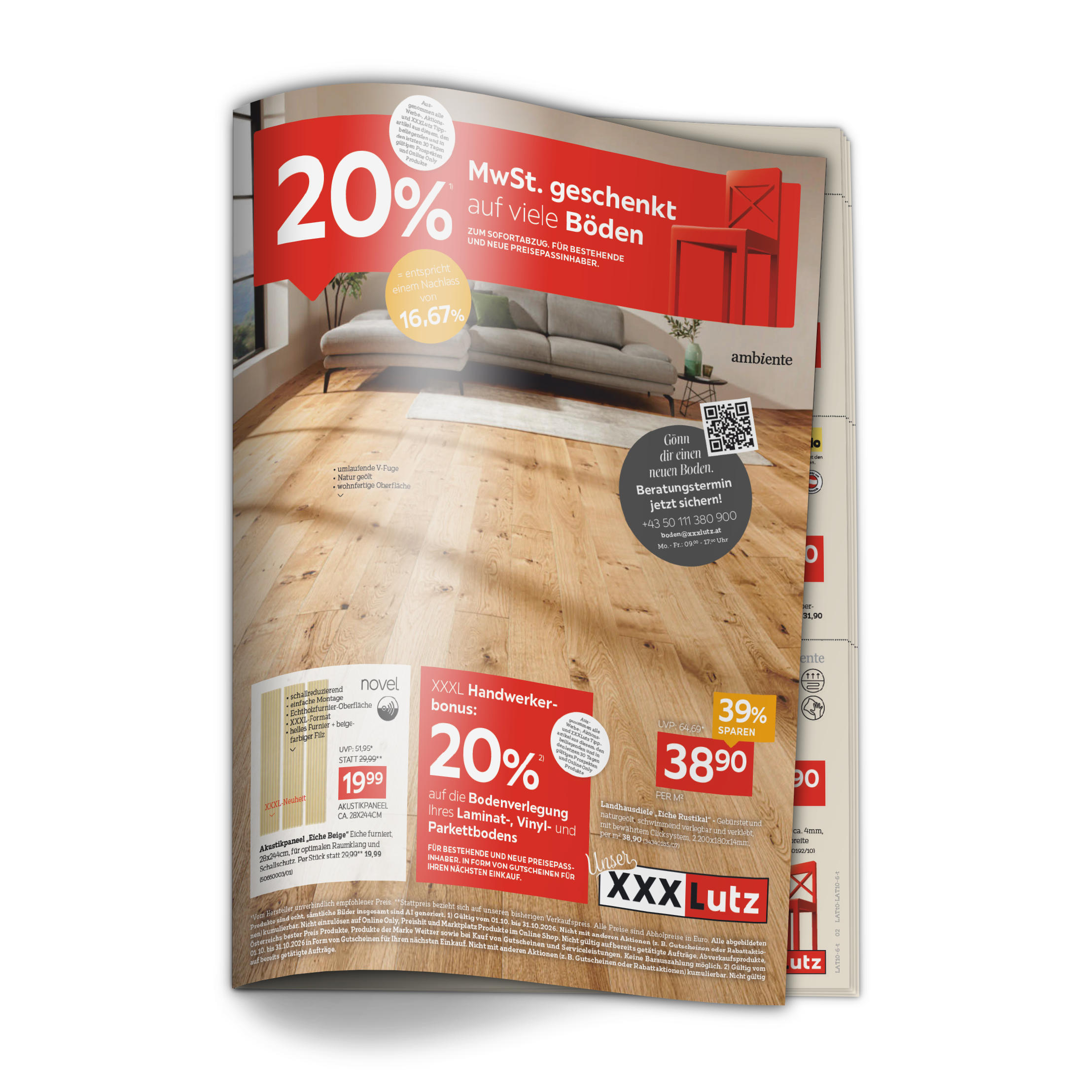 20% MwSt. geschenkt auf viele Böden ZUM SOFORTABZUG. FÜR BESTEHENDE UND NEUE PREISEPASSINHABER. Gönn dir einen neuen Boden. Beratungstermin jetzt sichern! +43 50 111 380 900