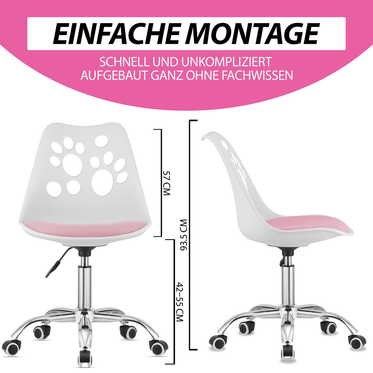 BÜRODREHSTUHL Weiß/Pink, Höhenverstellbar, Rollen, Ohne Armlehnen, Ergonomisch Für Büro Und Schlafzimmer - Weiß, Textil (51/94/58cm) - Best For Home