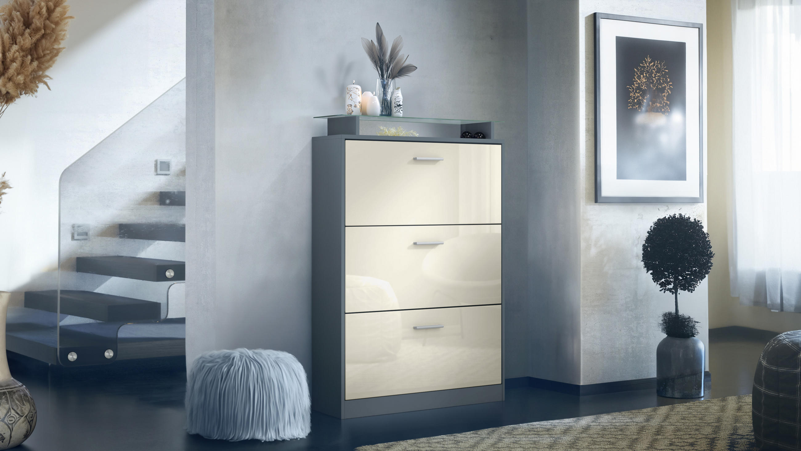 SCHUHSCHRANK Lavia Front in Creme Hochglanz - Creme, Holzwerkstoff (89/128/23cm) - Vladon