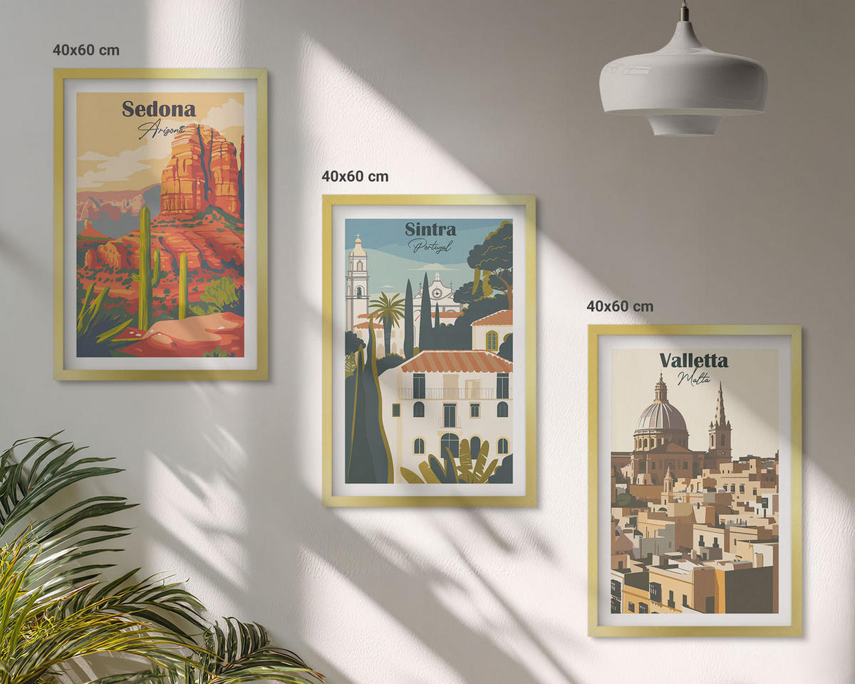 BILDER SET 3er Set - 40x60 cm Goldrahmen - Ansichten Sedona Sintra Valletta Retro - Goldfarben, Kunststoff (40/60cm) - TULUP