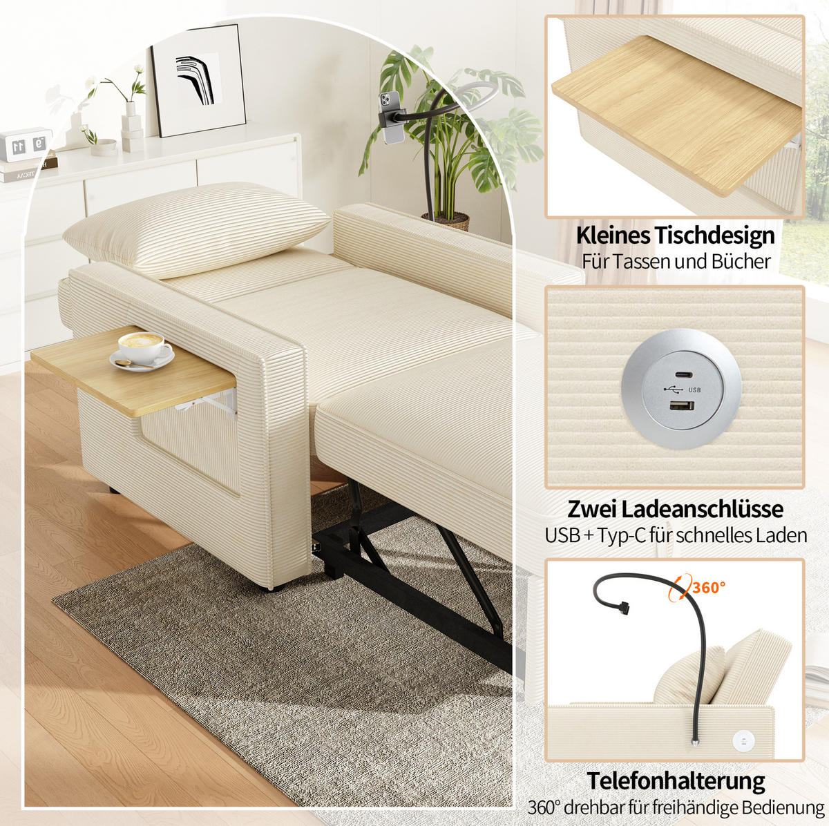 SCHLAFSOFA 1-Sitzer, Cord mit USB-Anschluss & Beistelltisch, 93/150/85 cm, Beige - Beige, Textil (93/85/150cm) - Redom