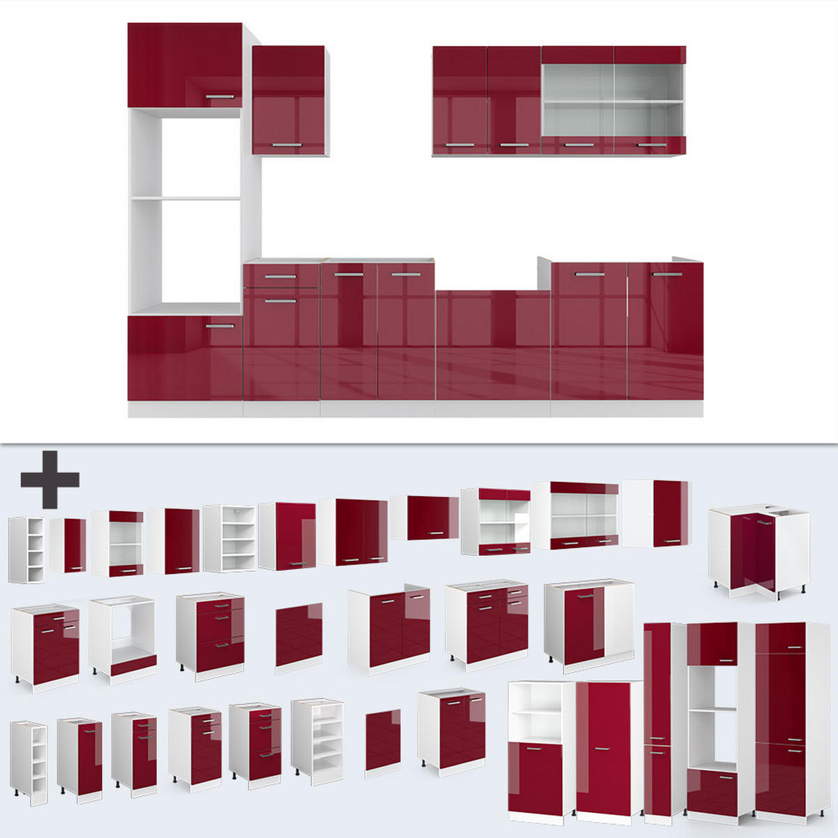 KÜCHENZEILE R-Line Rot Hochglanz/Weiß 300 cm mit Hochschrank, ohne Arbeitsplatte - Rot/Weiß, Holzwerkstoff (300/81.6/46cm) - Vicco