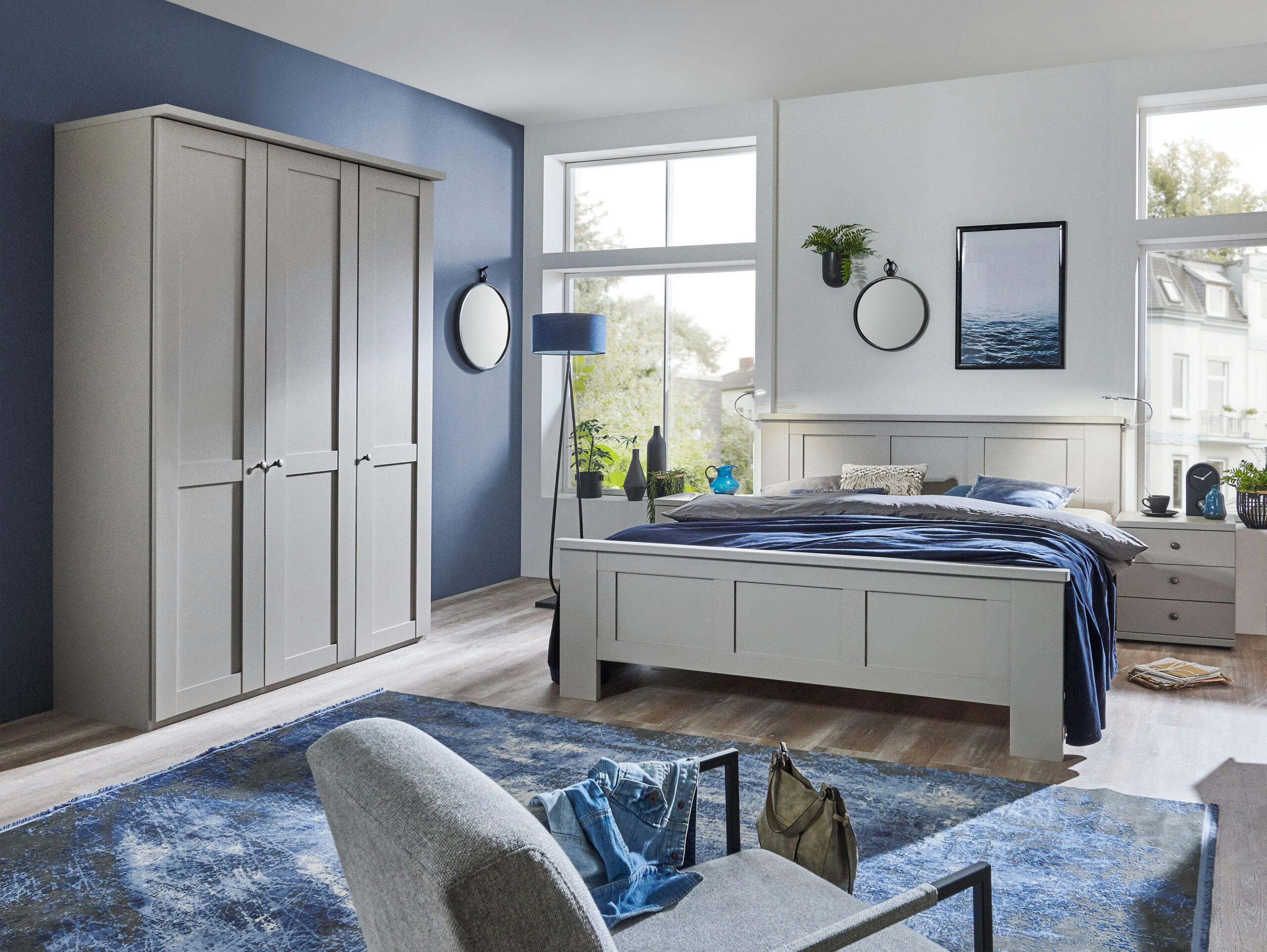 SCHLAFZIMMER Greenholm in Kieselgrau 4 teilig mit Kleiderschrank 150cm Breite ohne Spiegel, Doppelbett 180x200cm, zwei Nachttisch - Grau, Holzwerkstoff (80/200/120cm)