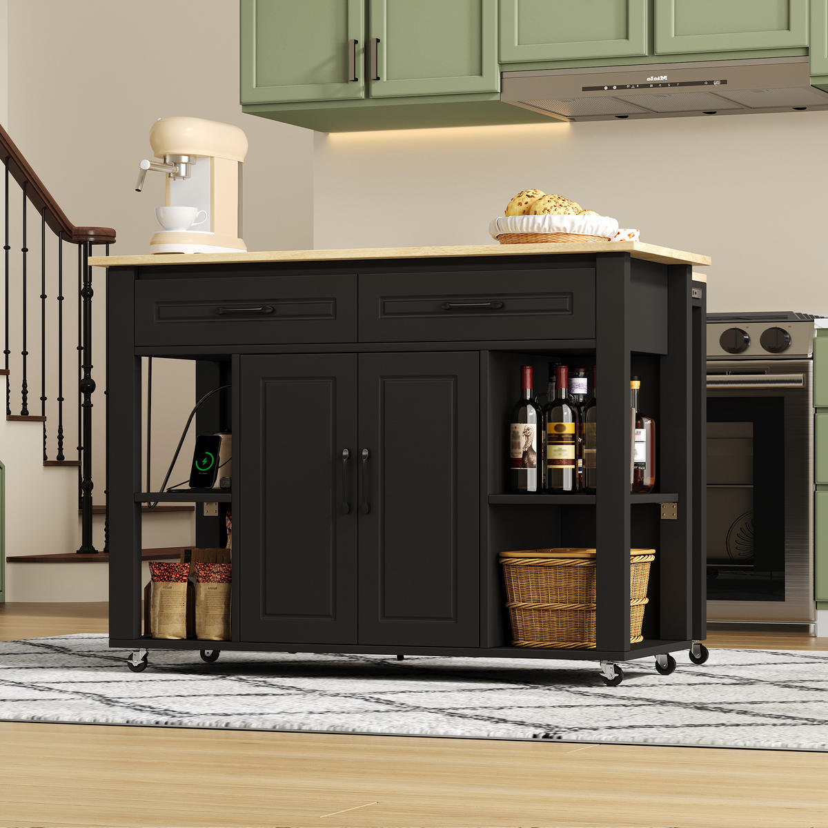 KÜCHENINSEL 120x77x93cm Schwarz MDF/Laminat mit Steckdose & Schubladen - Schwarz, Holzwerkstoff (120/93/77cm) - Modfu