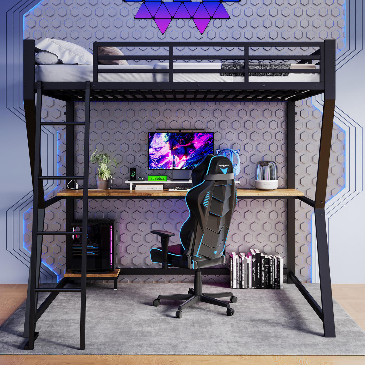 HOCHBETT 140x200cm Schwarz LED-Licht Computerablage Schreibtisch USB - Schwarz, Metall (140/200cm) - FLIEKS