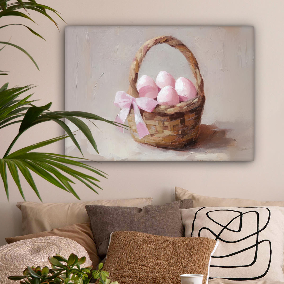 LEINWANDBILD Korb - Eier - Rosa Wandbilder 80x60 cm - Beige, Textil (80/60cm) - MuchoWow