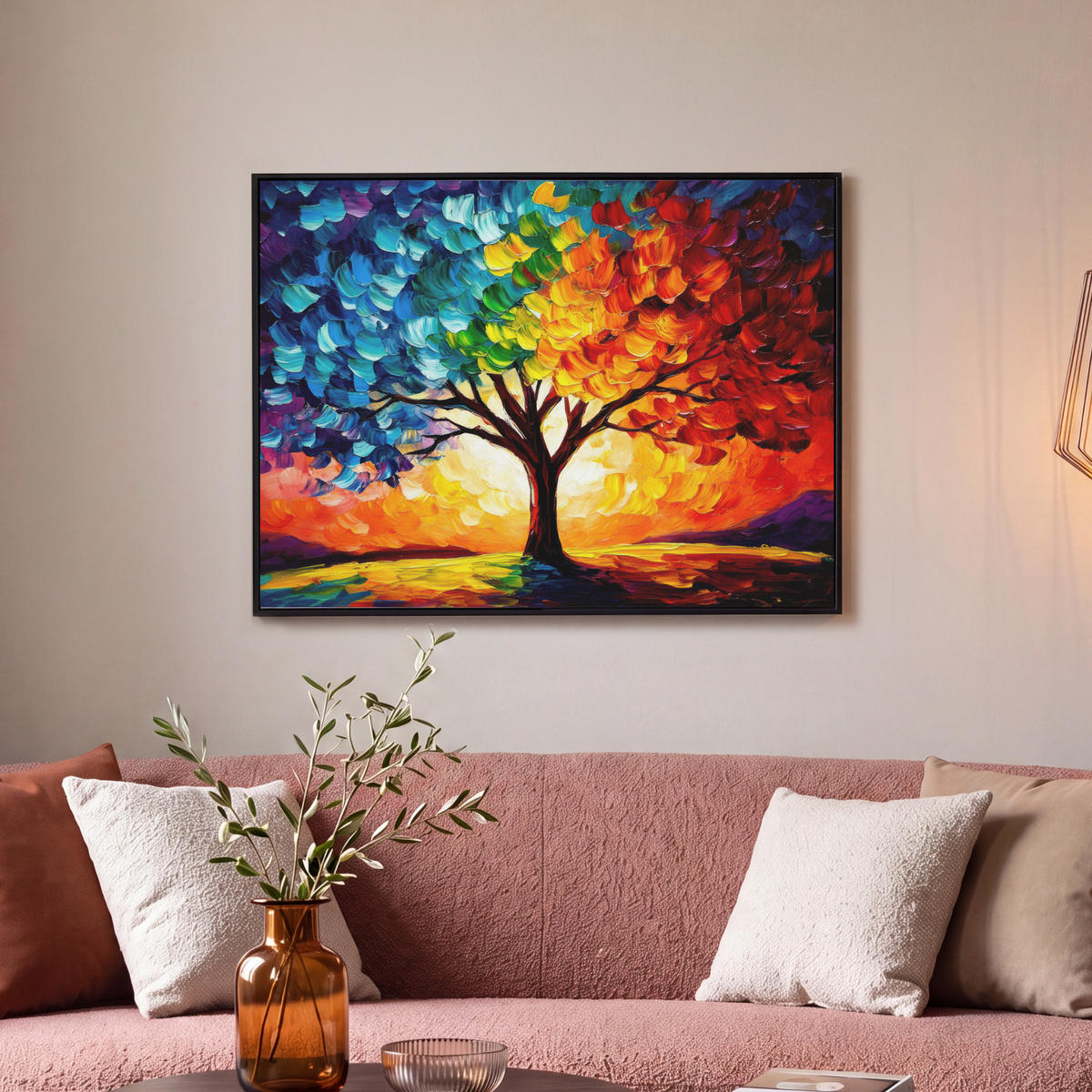 LEINWAND Bilder mit Rahmen - Baum - Kunst - Natur - Sonnenuntergang - 70x50 - Multicolor, Textil (70/50cm) - MuchoWow