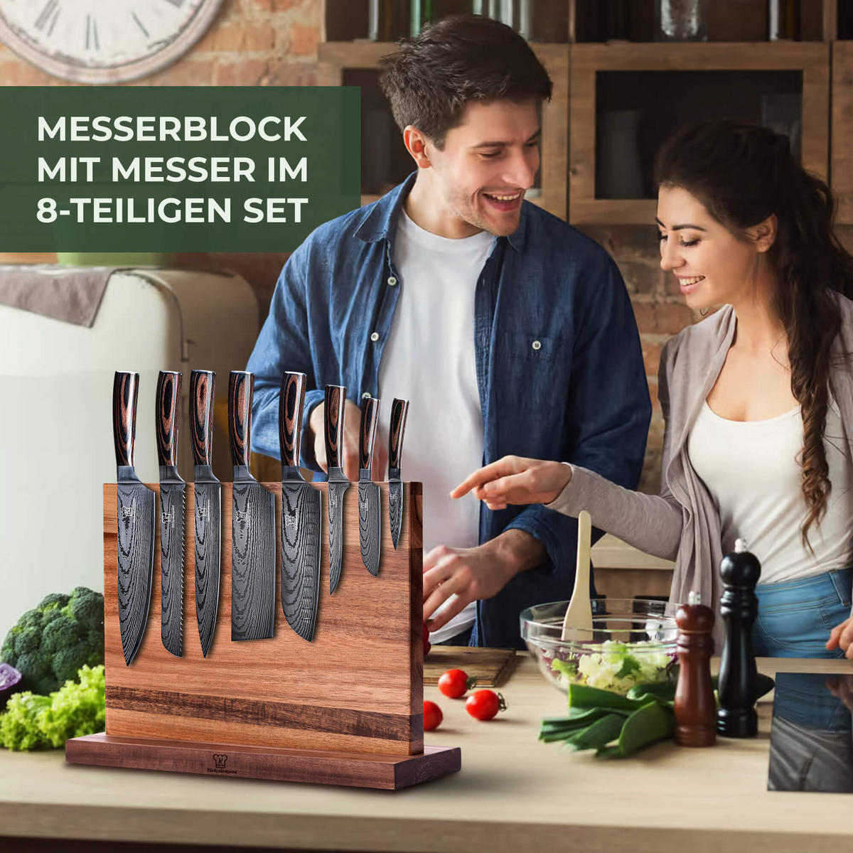 MESSER-SET 9-tlg. mit magnetischem Holz-Messerblock und Edelstahlklingen - Braun, Holz - Küchenkompane