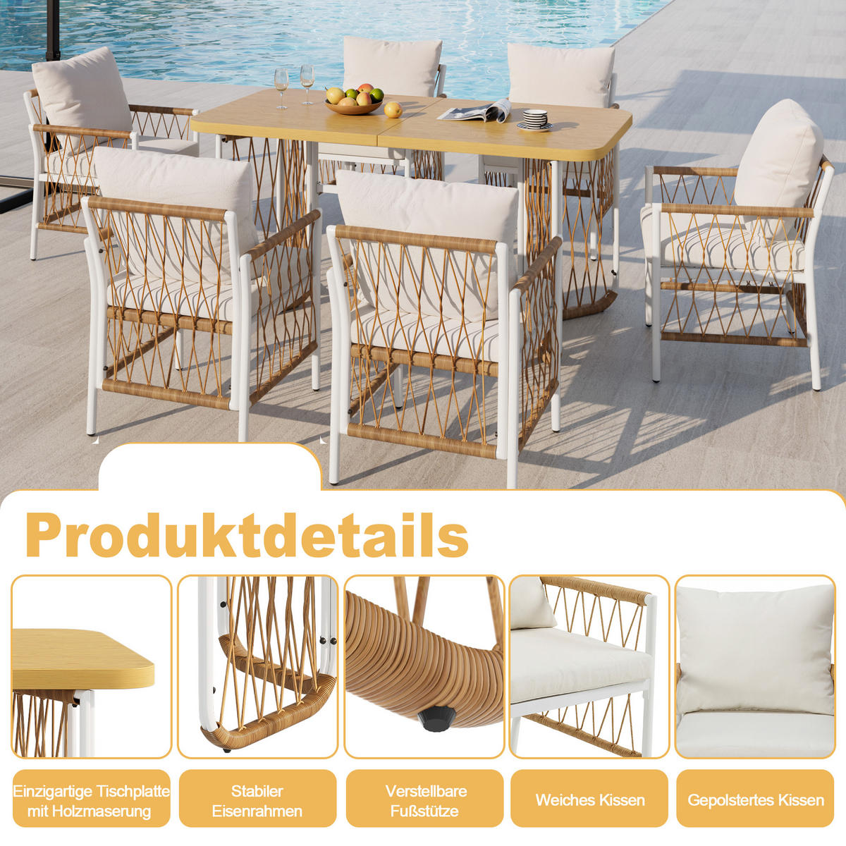 GARTENMÖBEL-SET 159,5/77,5/75 cm beige braun natur aus Eisen und Polyester mit Tisch und 6 Stühlen - Beige, Metall - OKWISH