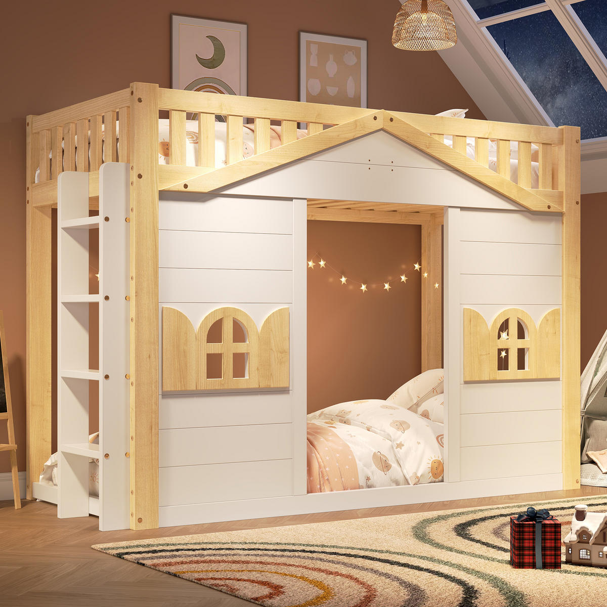 ETAGENBETT Hausbett 90x200cm Holz Kinderbett Weiß Natur - Weiß, Holz - FLIEKS