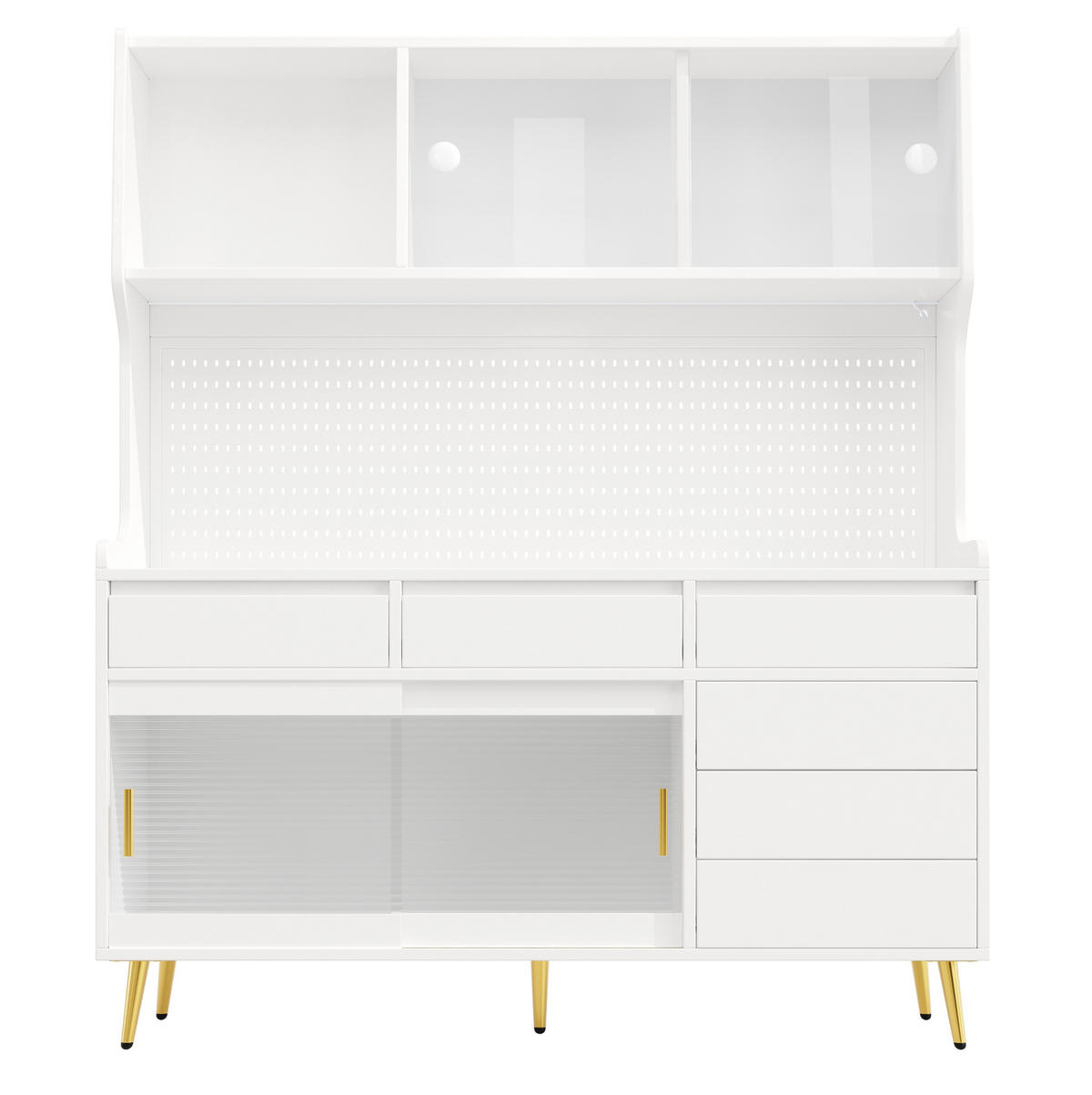BUFFET 145/39/171 cm in Weiß mit LED-Beleuchtung und Schiebetüren - Weiß, Holzwerkstoff (145/171/39cm) - Flora Grace