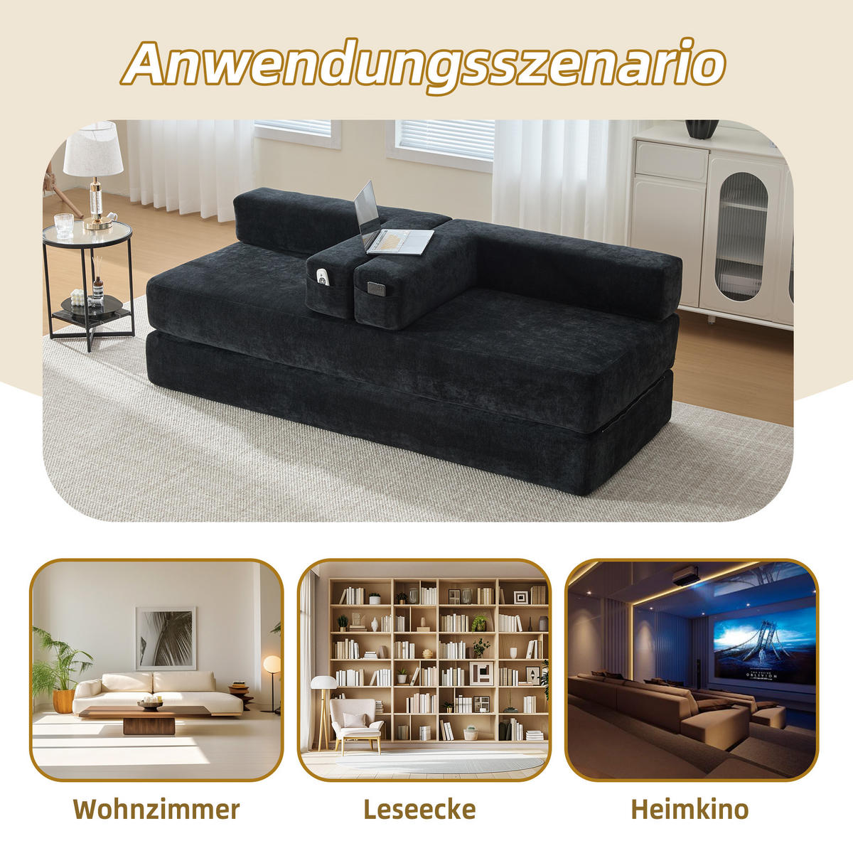 SCHLAFSOFA, Klappbares Bodensofa, Modulares Polstersofa Chenille, Schwarz - Schwarz, Textil (79/60/198cm) - LVHOM