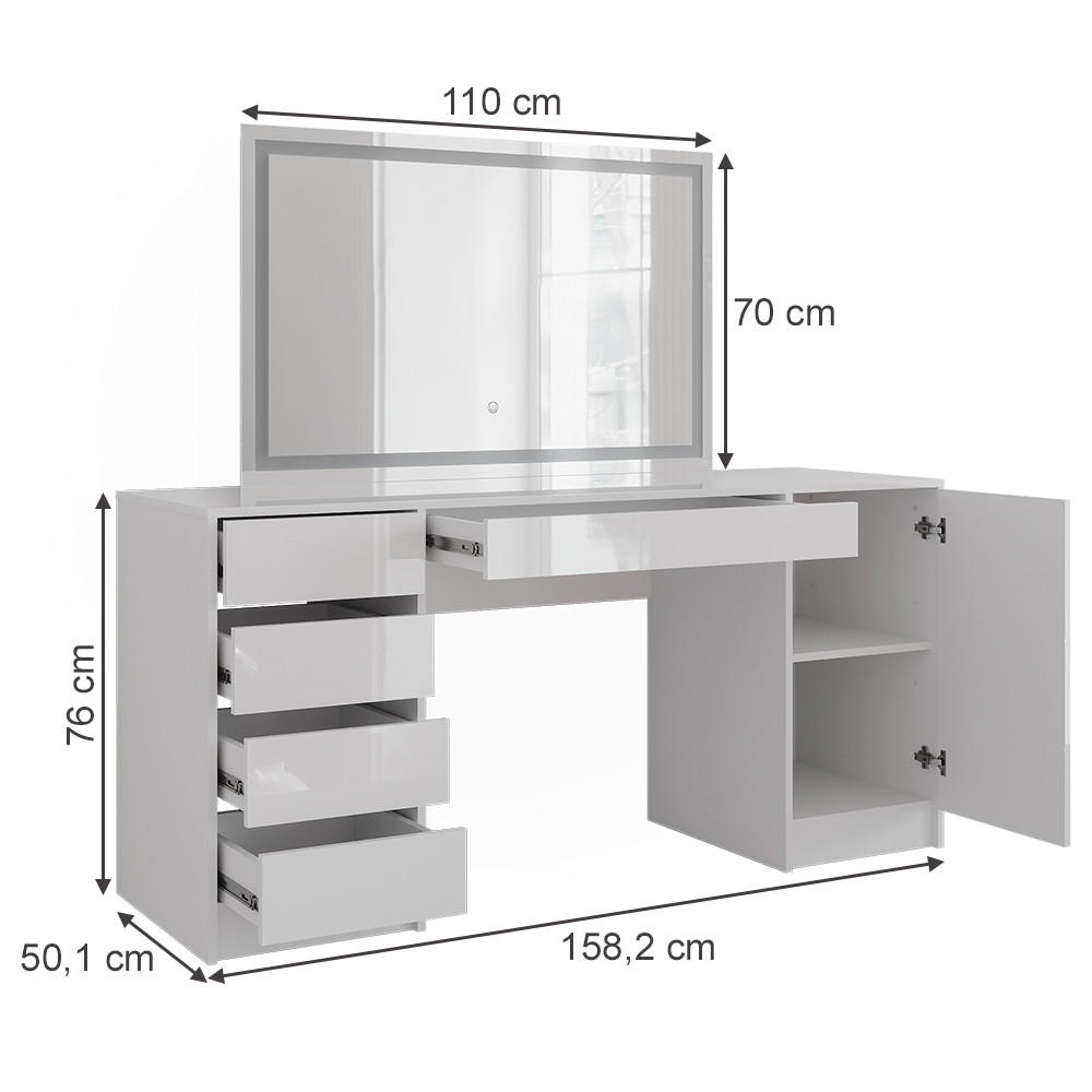 SCHMINKTISCH Sherry Weiß/Weiß Hochglanz 158.2 cm mit LED-Spiegel - Weiß Hochglanz, Holzwerkstoff (158.2/76/50.1cm) - Vicco