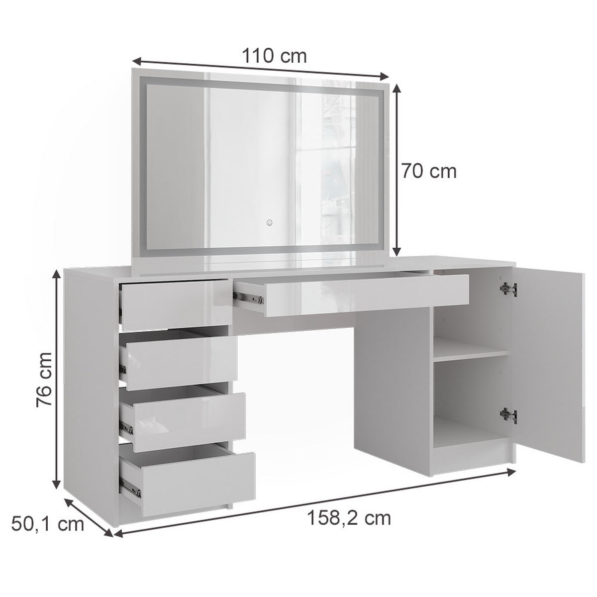 SCHMINKTISCH Sherry Weiß/Weiß Hochglanz 158.2 cm mit LED-Spiegel - Weiß Hochglanz, Holzwerkstoff (158.2/76/50.1cm) - Vicco