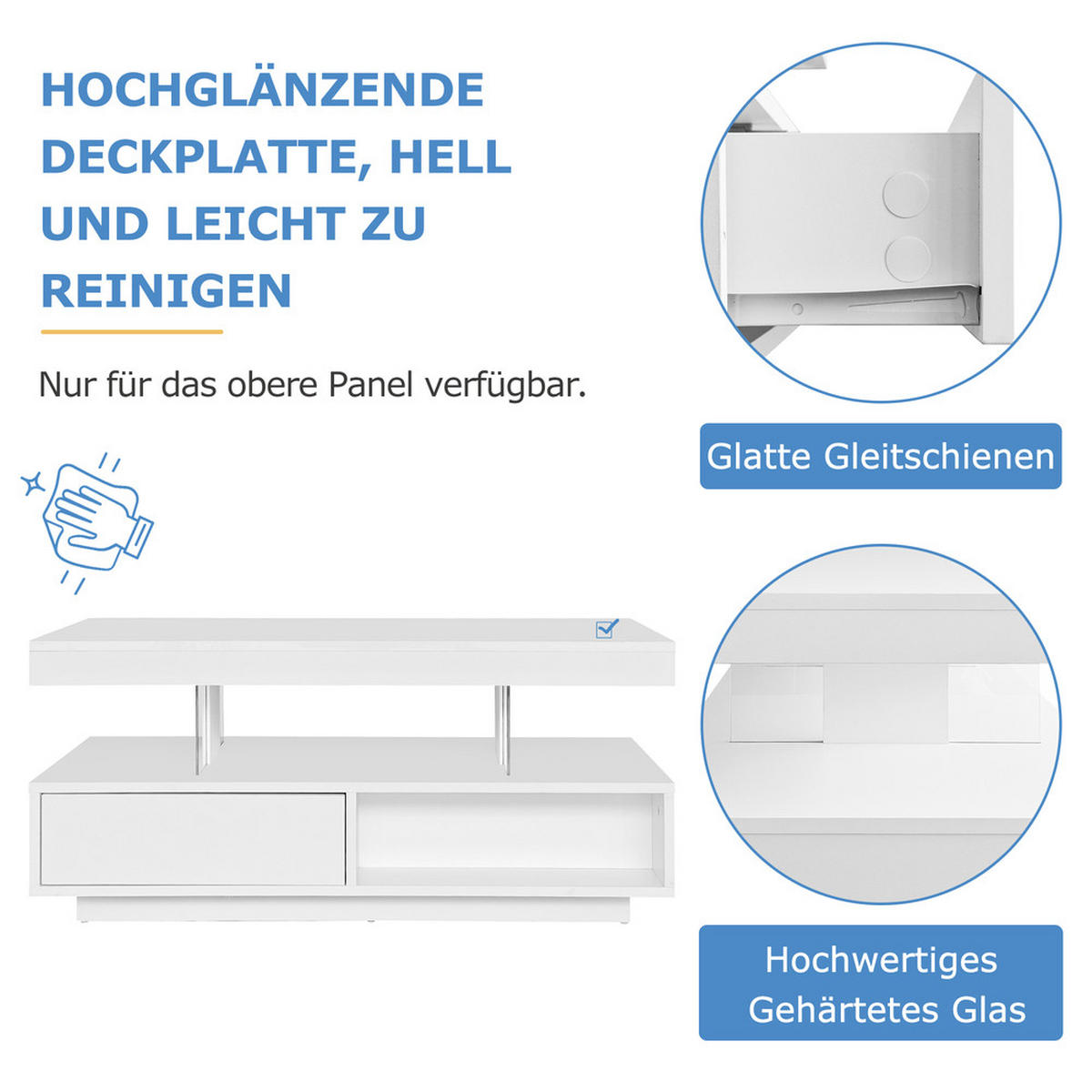 COUCHTISCH 95x50cm Weiß Hochglanz 4 Glasplatten 2 Schubladen 2 Fächer - Weiß, Holz (103.99/59/17.5cm) - FLIEKS