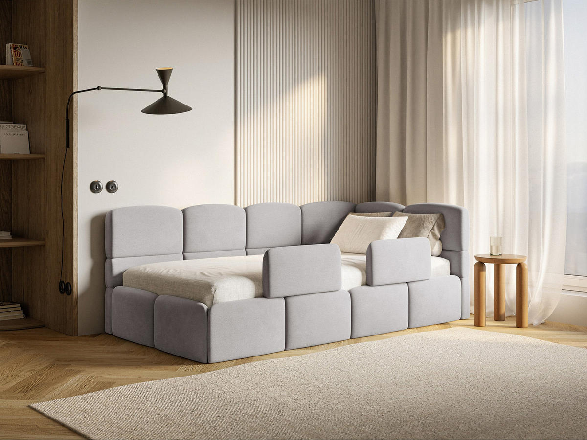 DETSKÁ POSTEĽ Cloudy svetlosivá 90x200 cm, s matracom a zábranou, záhlavie vpravo, zamat - čierna/svetlosivá, textil/plast (90/200cm) - Selsey