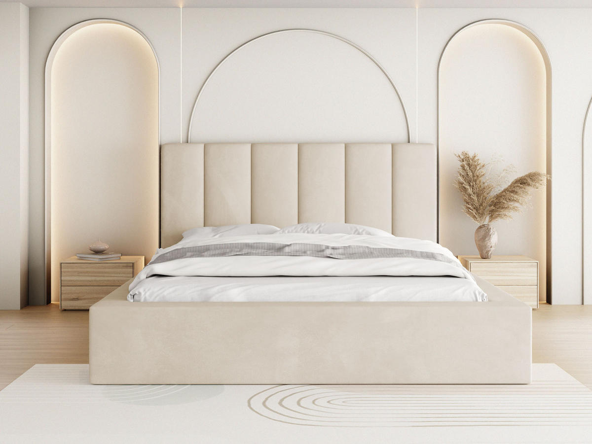 POLSTERBETT Amira mit Bettkasten, Creme Samt 120x200 cm - Beige/Birkefarben, Holz/Holzwerkstoff (120/200cm) - WFL GROUP