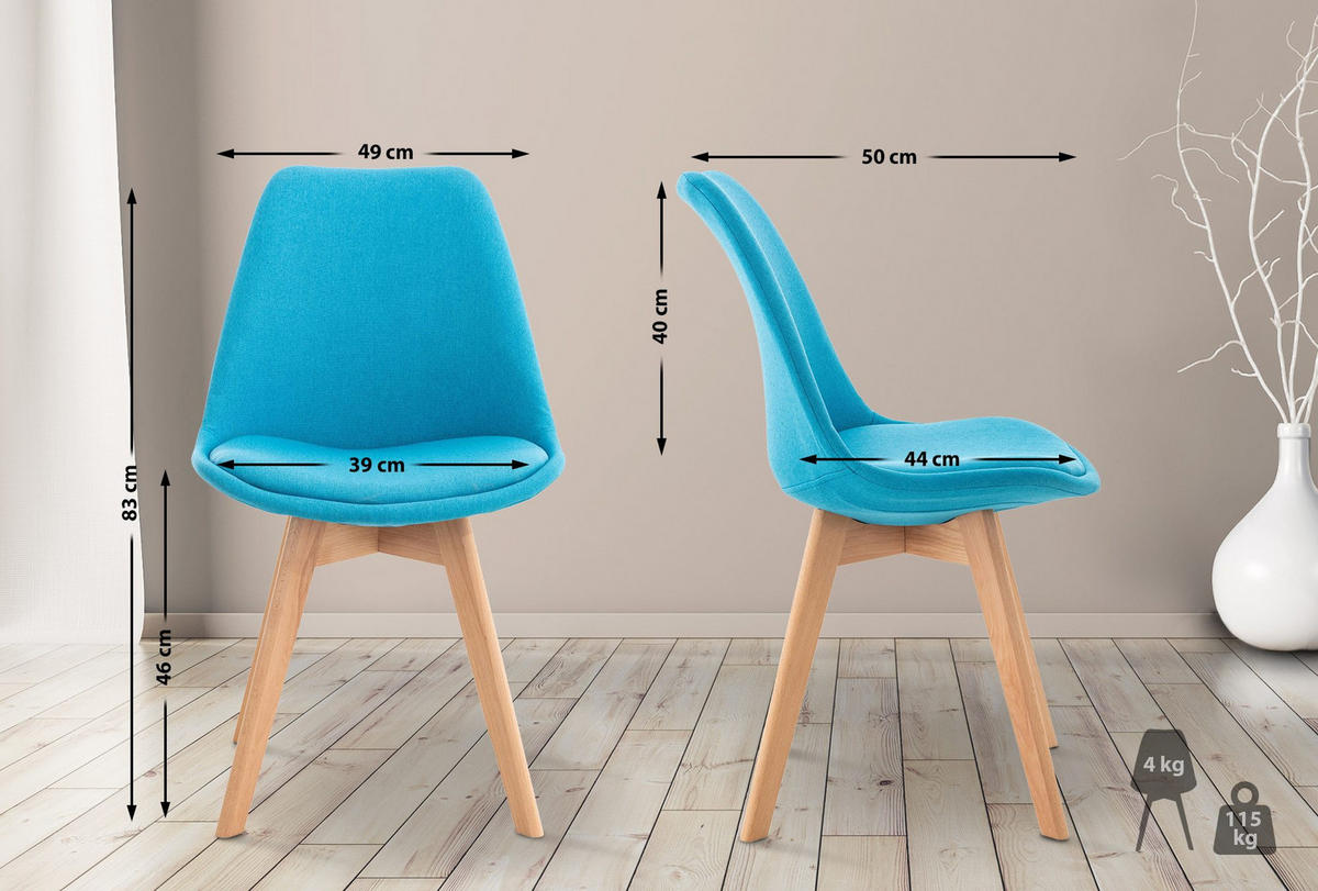 STUHL 4er Set Stoff türkis - Türkis/Eukalyptusholzfarben, Holz/Textil (49/83/50cm) - CLP