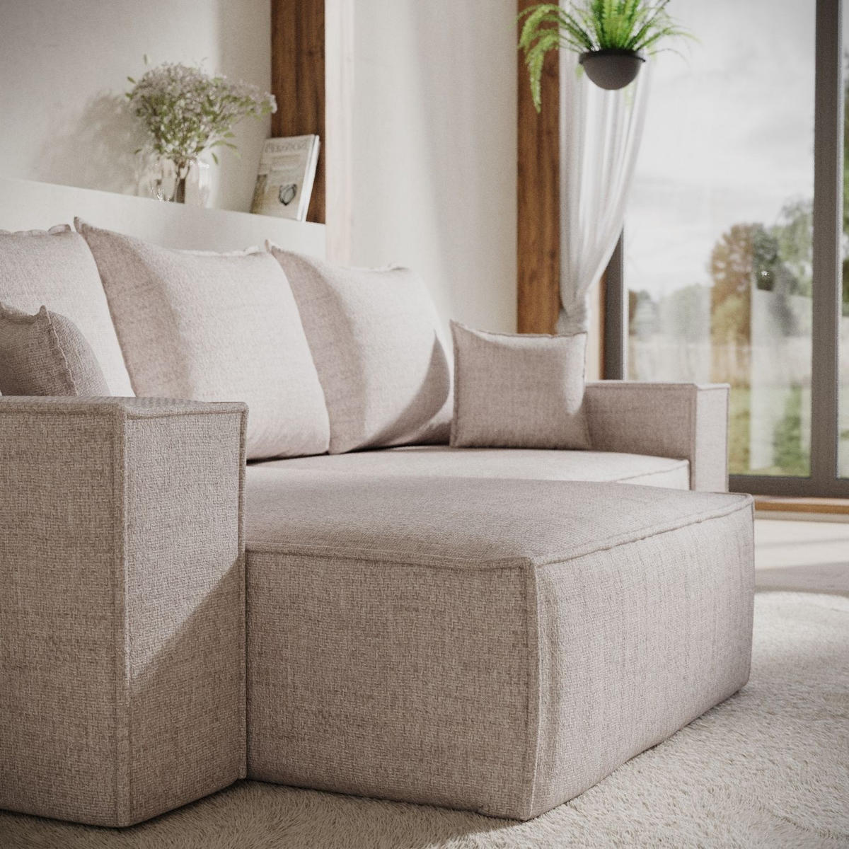 ECKSOFA SENSO mit Schlaffunktion Hellbeige im Neve Stoff - Sandfarben/Schwarz, Holz/Holzwerkstoff (255/148cm) - AltaBeds