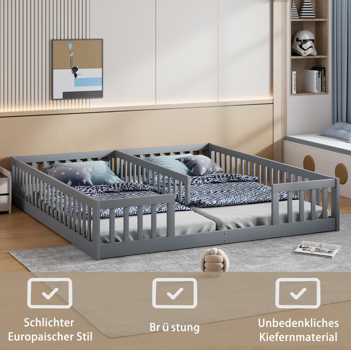 KINDERBETT 90/200 cm Grau aus Kiefernholz und MDF mit Sicherheitsgitter und Lattenrost - Grau, Holz (90/200cm) - OKMYHOME
