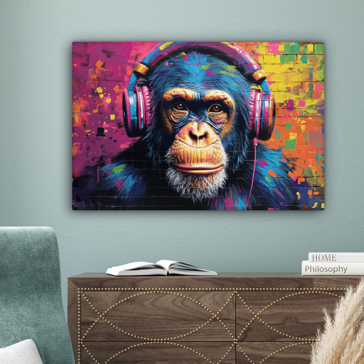 LEINWANDBILD Graffiti - Schimpanse - Straßenkunst - Kopfhörer - Affe 60x40 cm - Blau, Textil (60/40cm) - MuchoWow