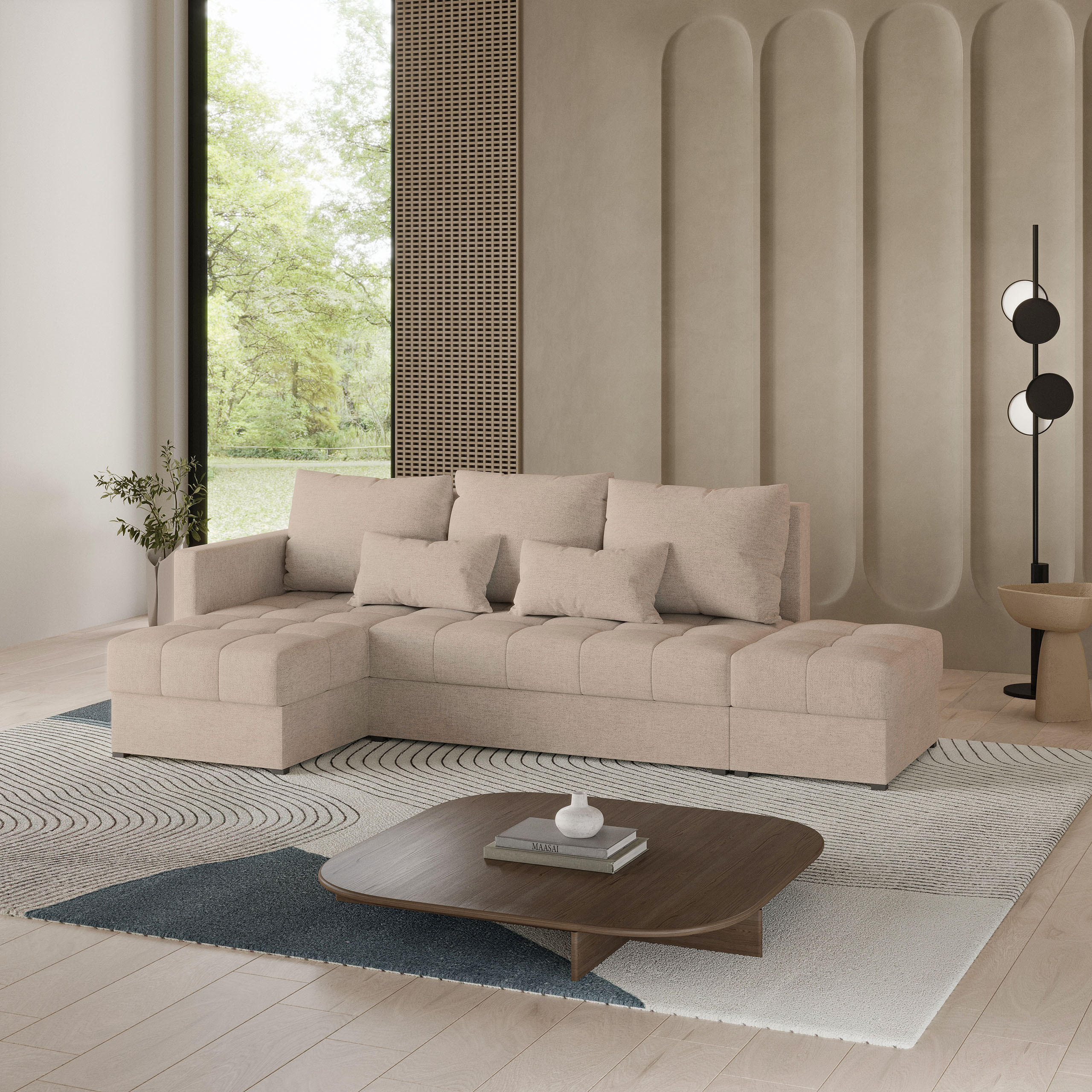 ECKSOFA LUMARI L-S Beige Plüsch-Stoff mit Schlaffunktion - Beige, Holz (262/143cm) - MASSENO