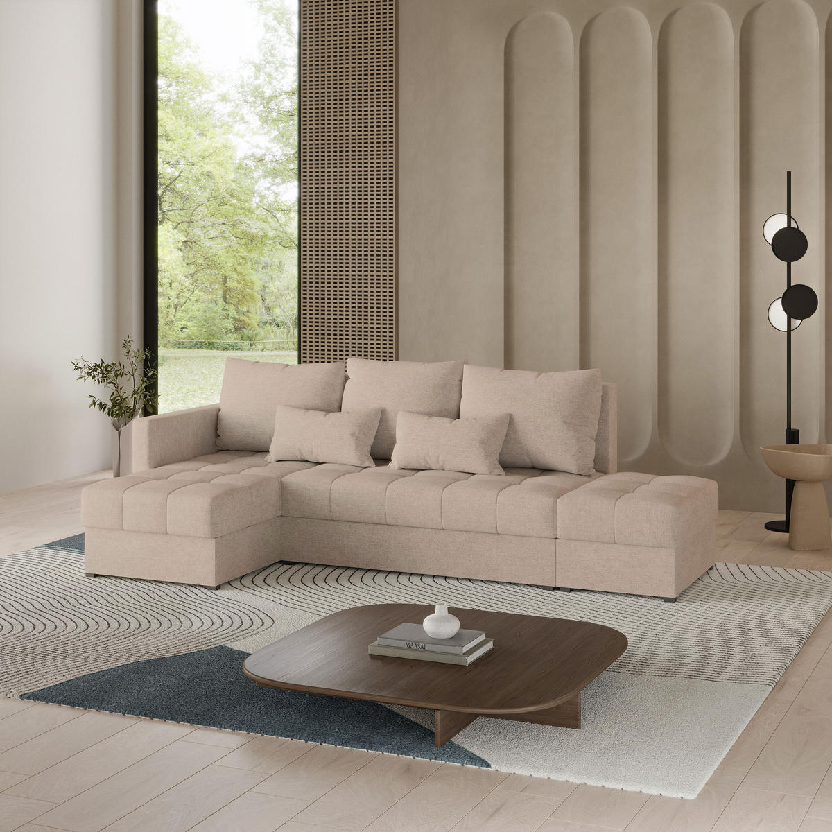 ECKSOFA LUMARI L-S Beige Plüsch-Stoff mit Schlaffunktion - Beige, Holz (262/143cm) - MASSENO