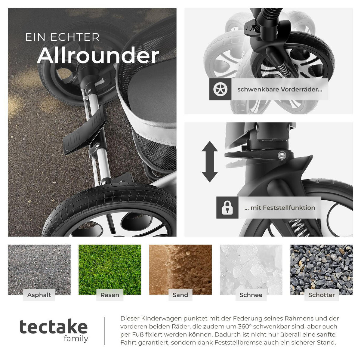 KOMBI-KINDERWAGEN Mats,für 0 bis 36 Monate geeignet, Belastbarkeit 15 kg,grau - Grau, Kunststoff (100/63/120cm) - tectake