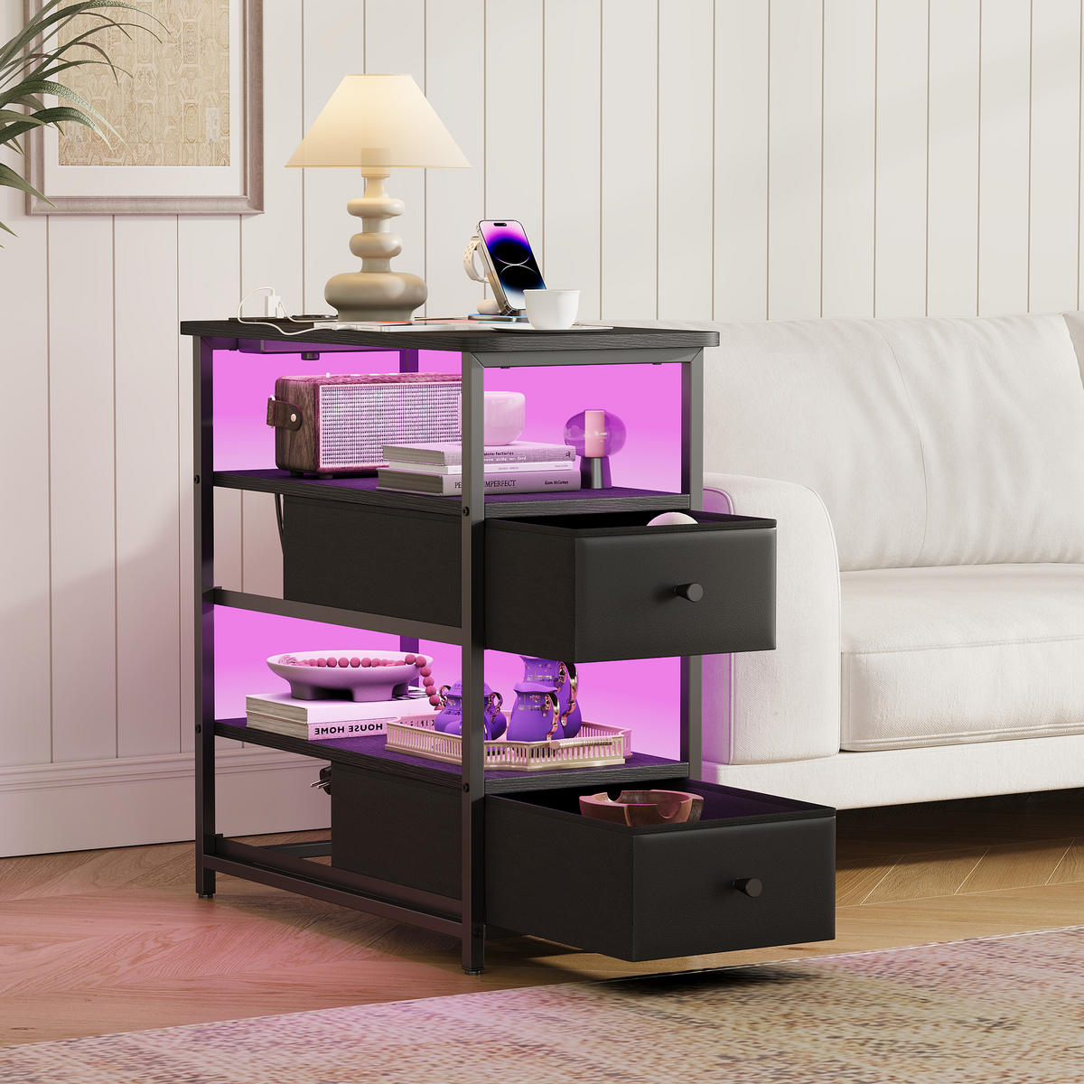 NACHTTISCH LED USB 2 Schubladen 2 Fächer schwarz - Schwarz, Holz (58/28/60.5cm) - LEBENLANG