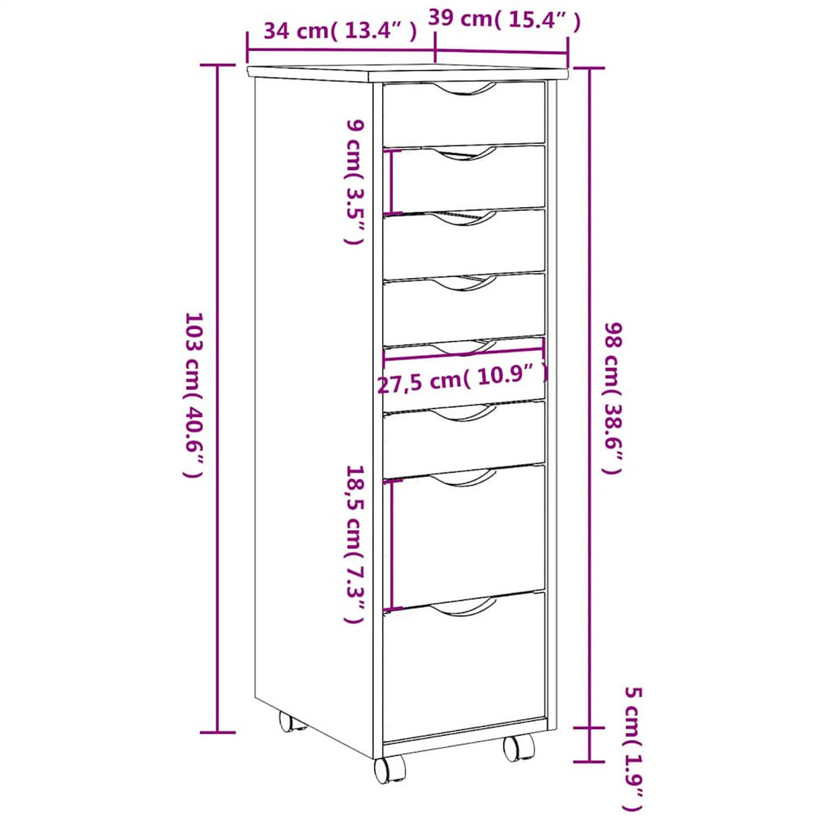 ROLLSCHRANK Mit Schubladen Moss Weiss Massivholz Kiefer - Weiß, Holz (39/103/34cm) - vidaXL