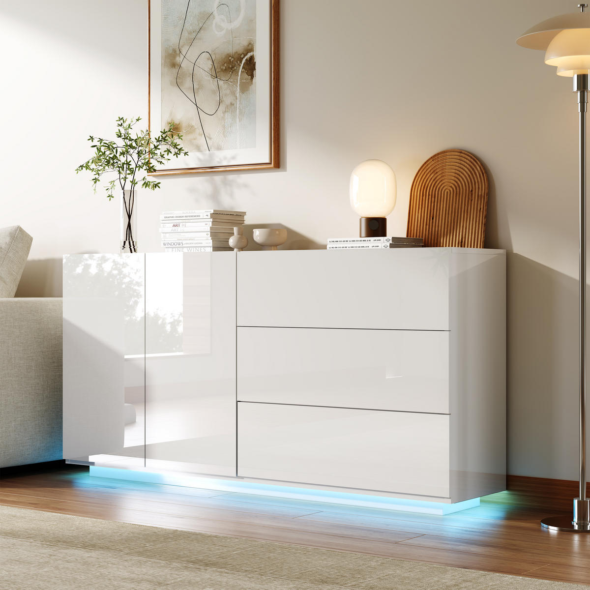 SIDEBOARD 160x35x76 cm, LED, 2 Türen, für Küche und Wohnraum, Weiß - Weiß, Holz (160/76/35cm)