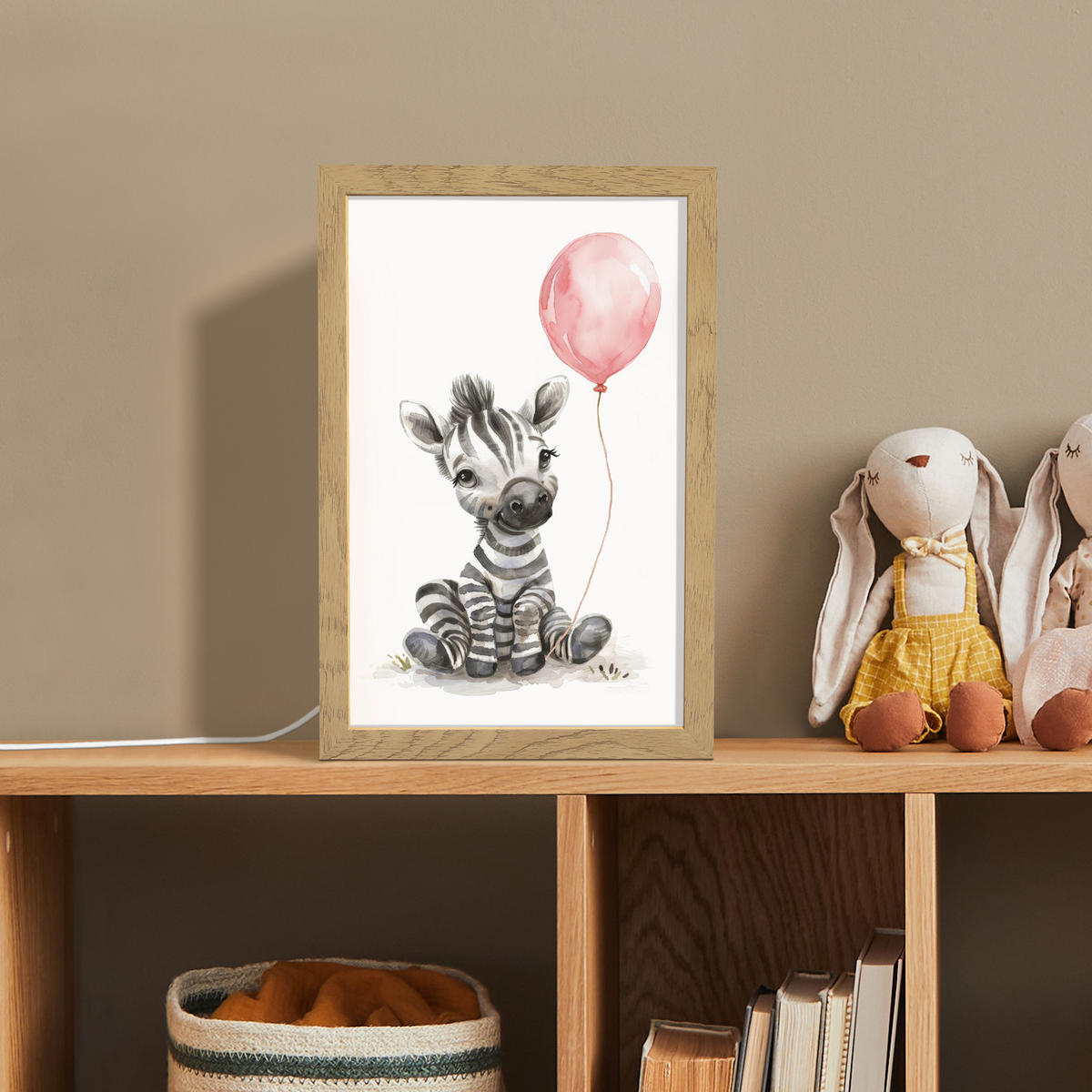 NACHTTISCHLAMPE Zebra - Baby - Tiere - Rosa Luftballon 20x30 cm - Weiß, Holzwerkstoff (8/20/30cm)