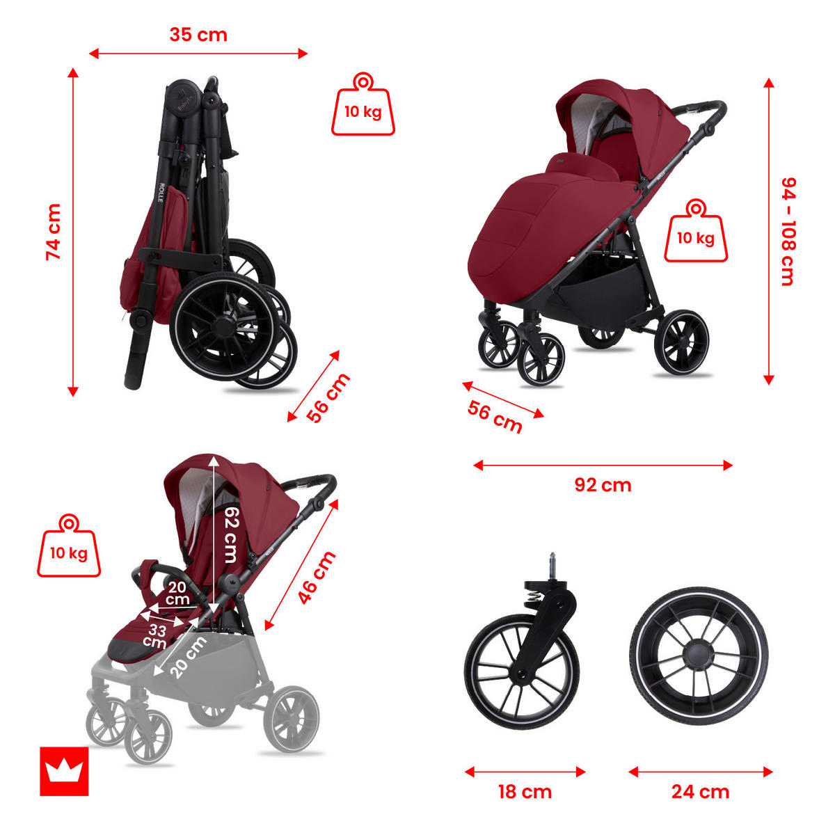 BUGGY Rolle, Klein und Leicht, Teleskopische Führung, Kompakt Faltbar, Wickeltasche, Reisetasche - Rot/Schwarz, Textil/Metall (58/99cm) - BabyLux
