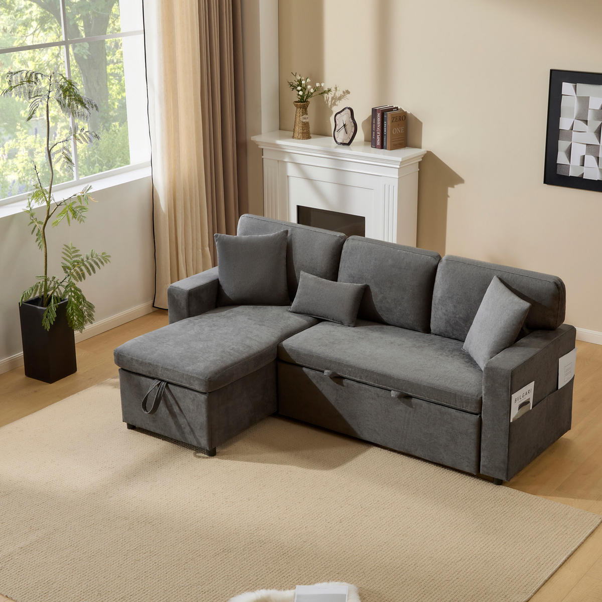 ECKSOFA mit Bettkasten und Regal, Dunkelgrau, 214/131/87 cm - Dunkelgrau, Textil (214/131cm) - EVRYAE