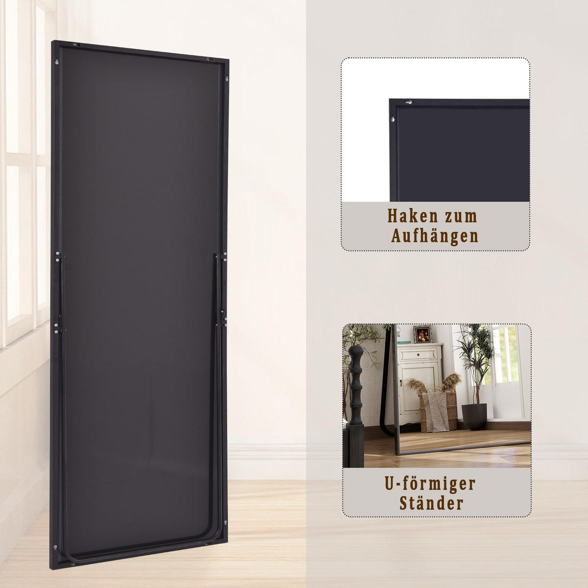 STANDSPIEGEL 140x40 cm – Freistehend & Wandmontage, Aluminiumlegierung Schwarzer - Schwarz, Glas/Metall (40/140/140cm)