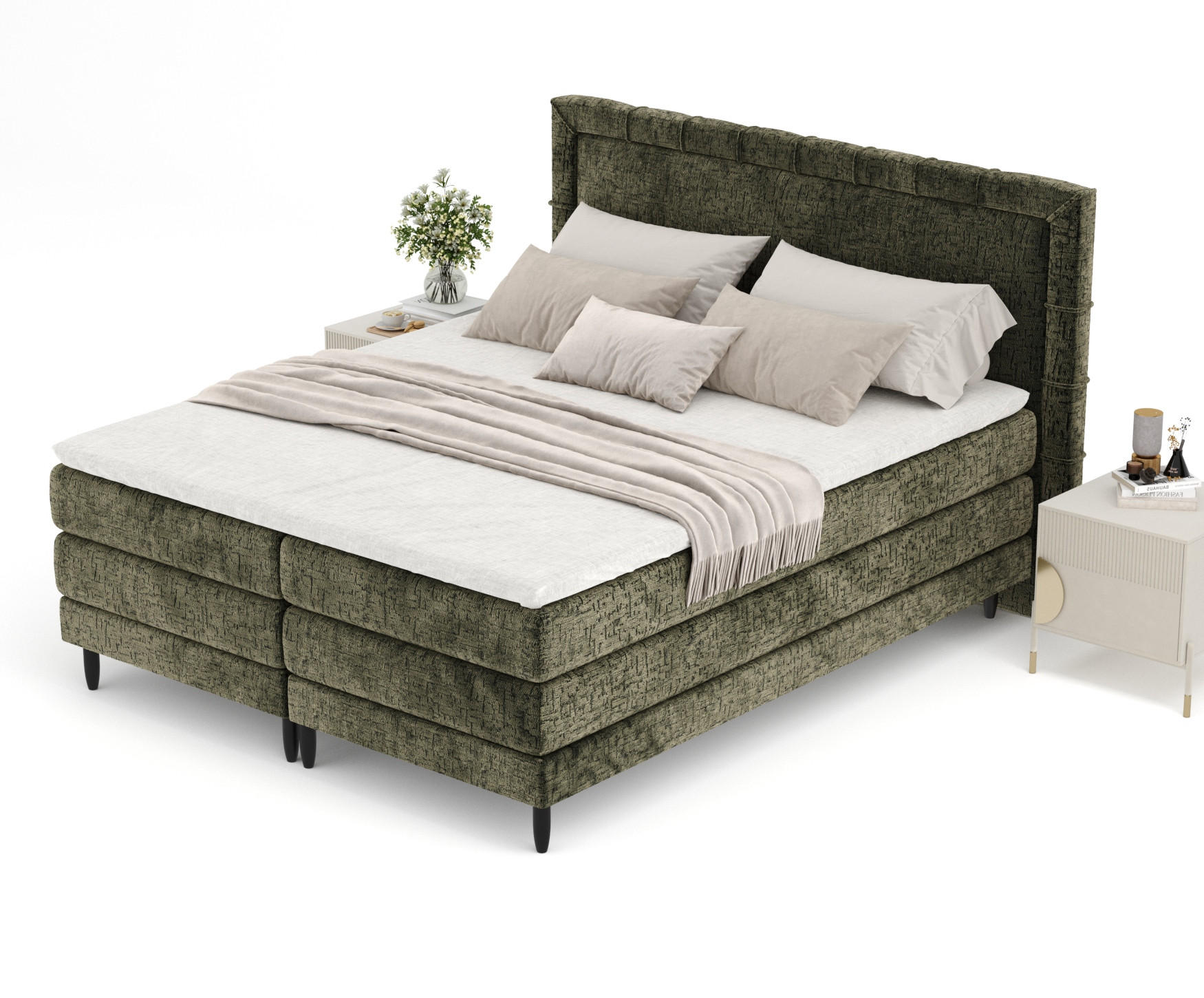 BOXSPRINGBETT Rimini Olivenfarbe 180/200 cm mit Matratze und Topper - Schwarz/Olivgrün, Holz/Holzwerkstoff (180/200cm) - Maison de Reve