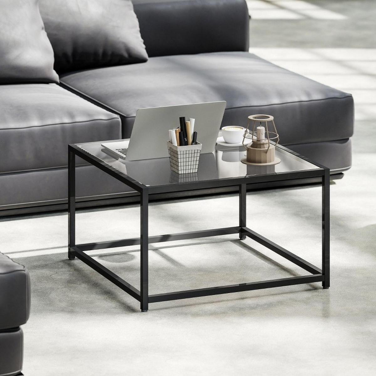 COUCHTISCH 68/68 cm aus gehärtetem Glas und Stahlgestell in Schwarz - Schwarz, Glas (68/68/39cm) - BEAOK
