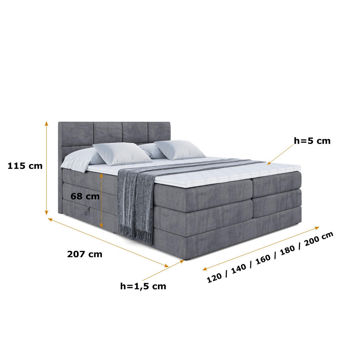BOXSPRINGBETT ARDENI KING - 120x200 - H3/H4 - Dunkelgrau - Dunkelgrau, Holzwerkstoff (120/200cm) - ALTDECOR