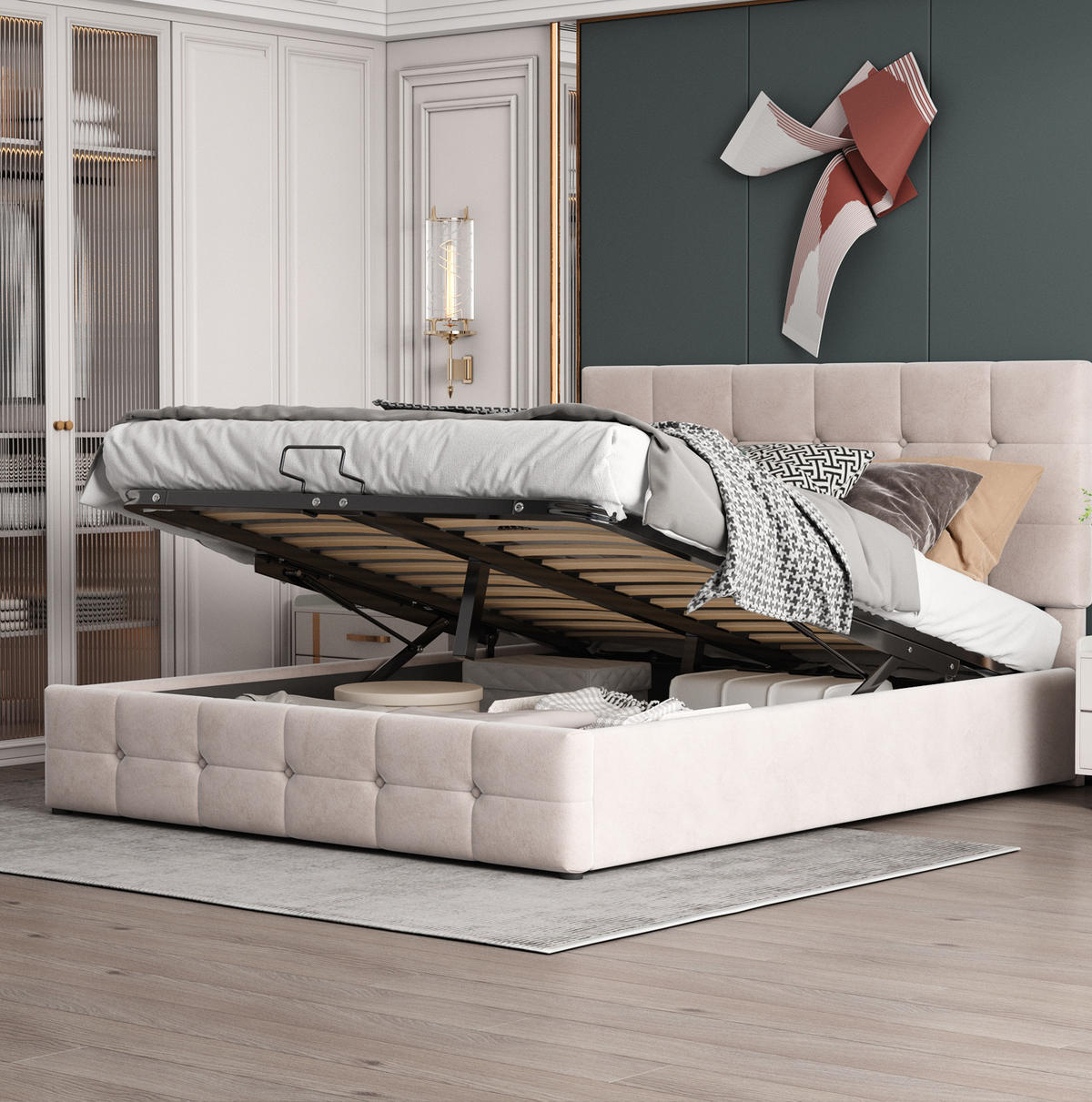 POLSTERBETT 140/200 cm mit hydraulischem Bettkasten und verstellbarem Kopfteil, Samtstoff, Cremeweiß - Weiß, Textil (140/200cm) - Redom