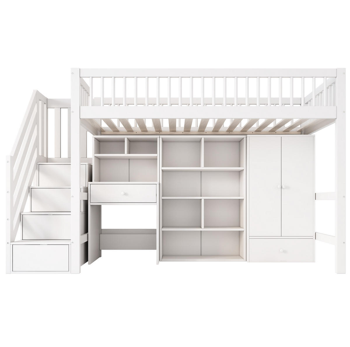 VYSOKÁ posteľ 90/200 cm biela z masívneho dreva a MDF s písacím stolom schodmi a úložným priestorom - biela, kompozitné drevo (90/200cm) - OKWISH