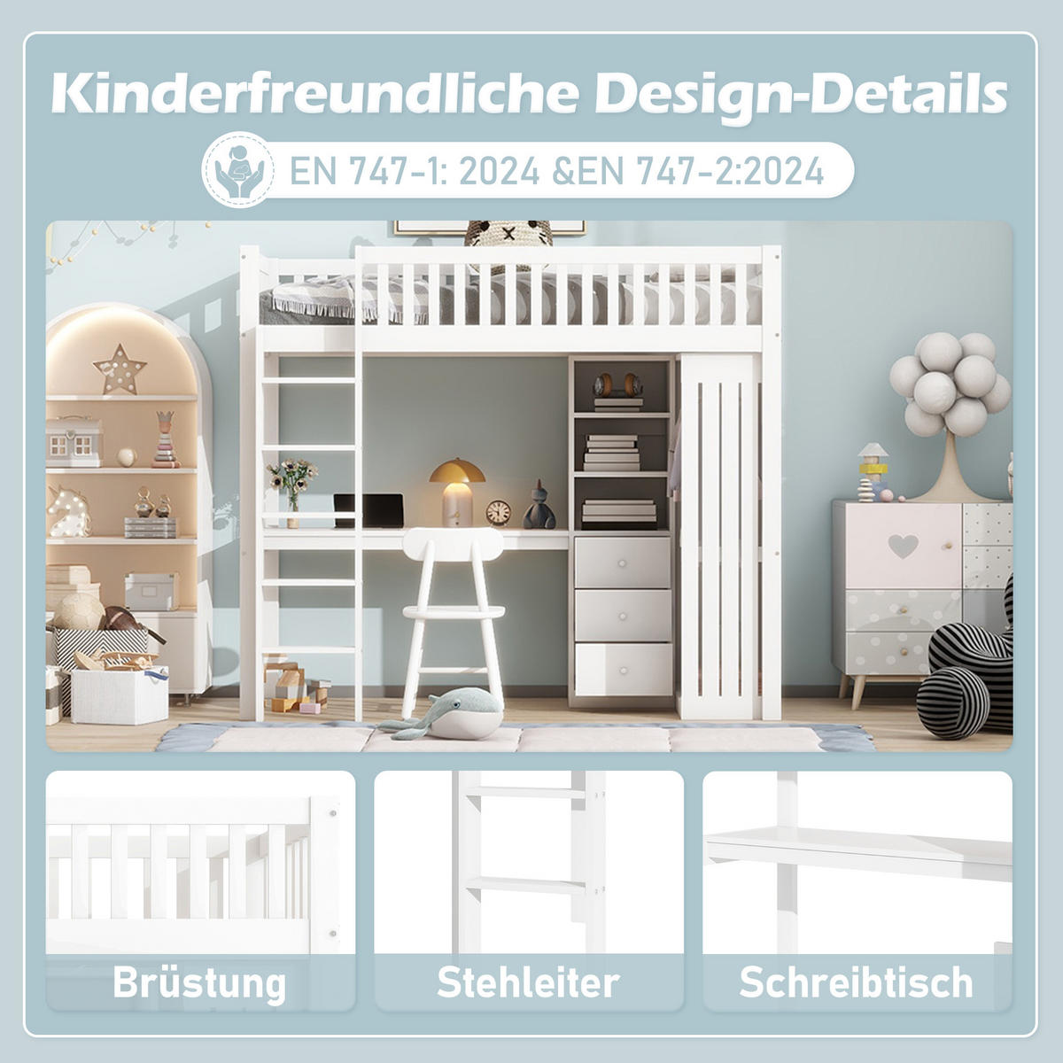 HOCHBETT 90x200cm Weiß Holz Schreibtisch Kleiderschrank 3 Schubladen - Weiß, Holz (90/200cm) - FLIEKS