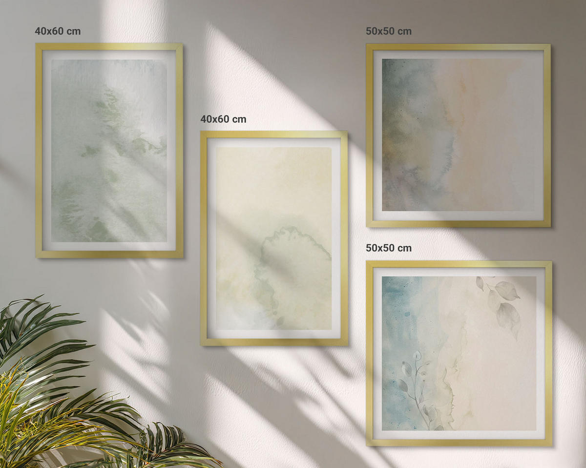 BILDER SET 4er Set - 50x50 cm & 40x60 cm Goldrahmen - Pastellfarbene Aquarell-Leinwandtextur - Goldfarben, Kunststoff (50/50cm) - TULUP