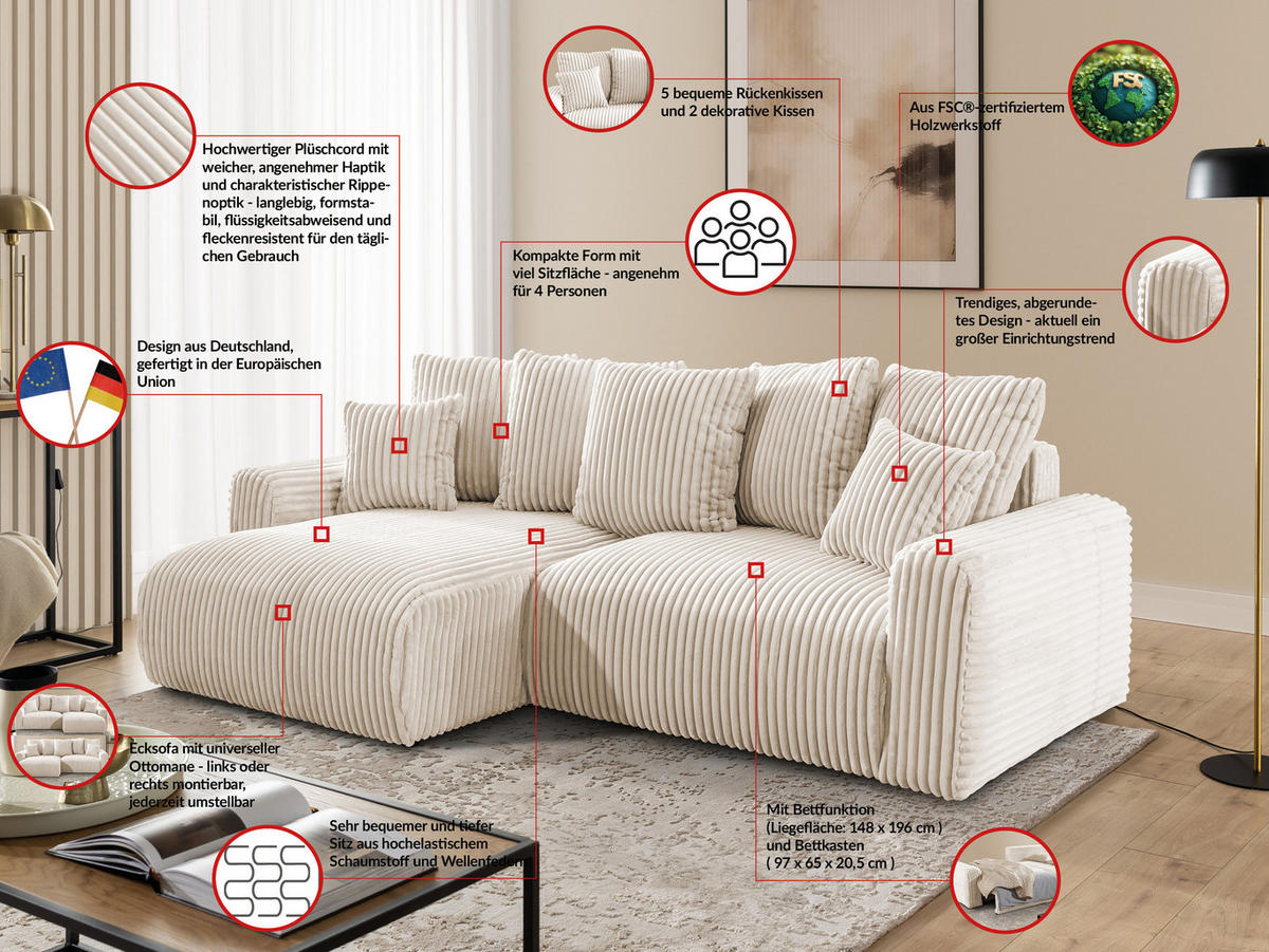 ECKSOFA Calma mit Schlaffunktion und Bettkasten im Bumpy-Design aus weichem Creme Plüschcord - Ottomane links - Creme/Schwarz, Holz/Kunststoff (239/140cm) - S-Style