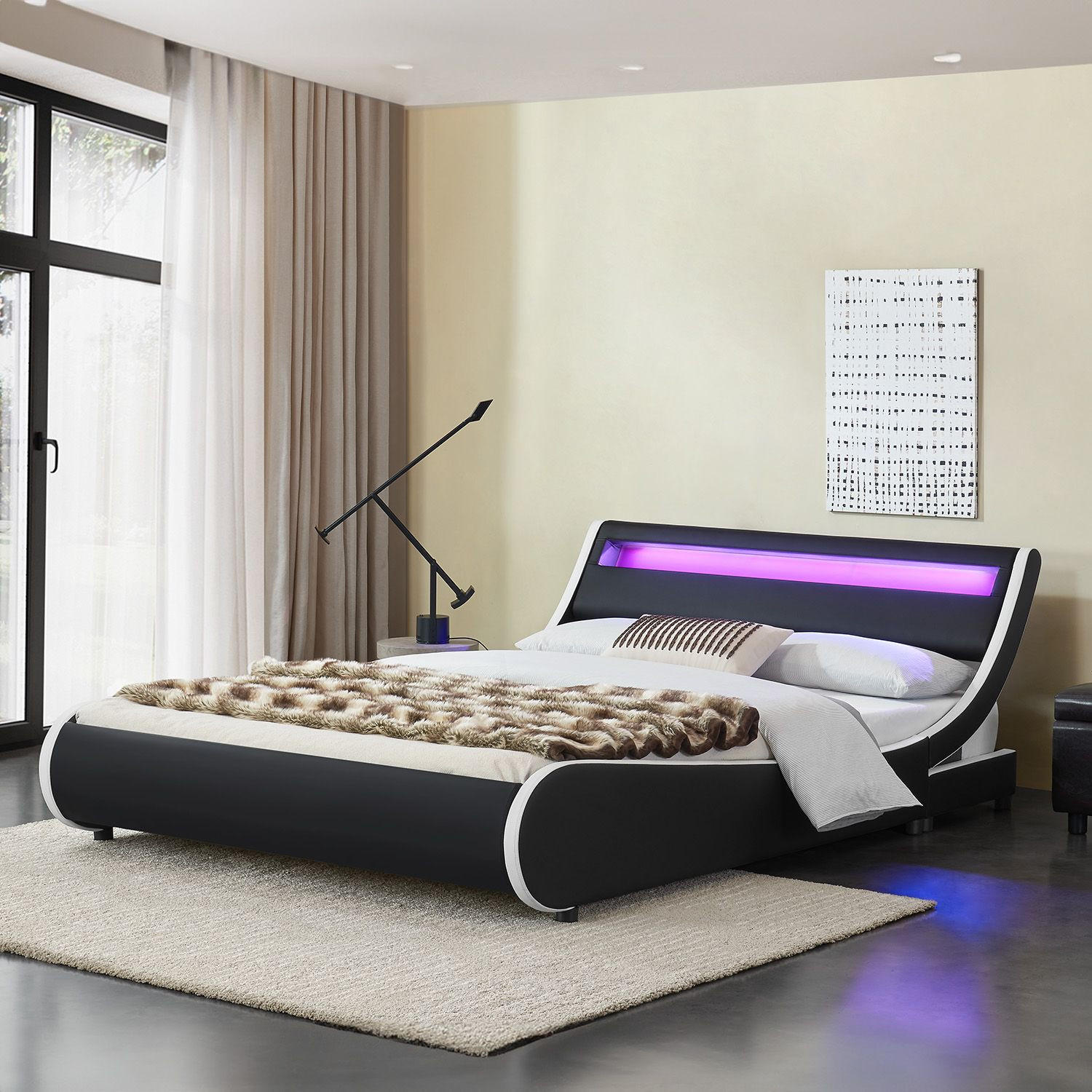 POLSTERBETT Valencia schwarz 140x200 cm mit LED - Schwarz, Textil (140/200cm) - Juskys