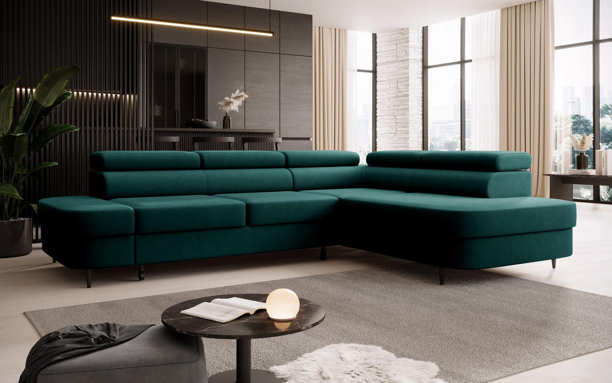 ECKSOFA Priam L-Form mit Schlaffunktion und Stauraum Modern Form Grün - Dunkelgrün, Holz/Textil (275/203cm) - Muffo