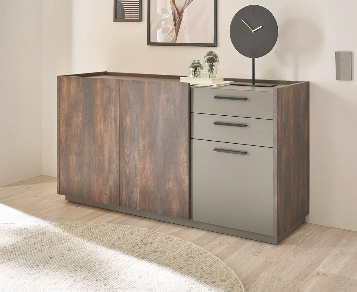 SIDEBOARD Thermo Eiche, grau, Kommode mit Soft-Close 152 x 80 cm - Eichefarben/Schwarz, Holzwerkstoff/Kunststoff (152/80/45cm) - Furn.Design