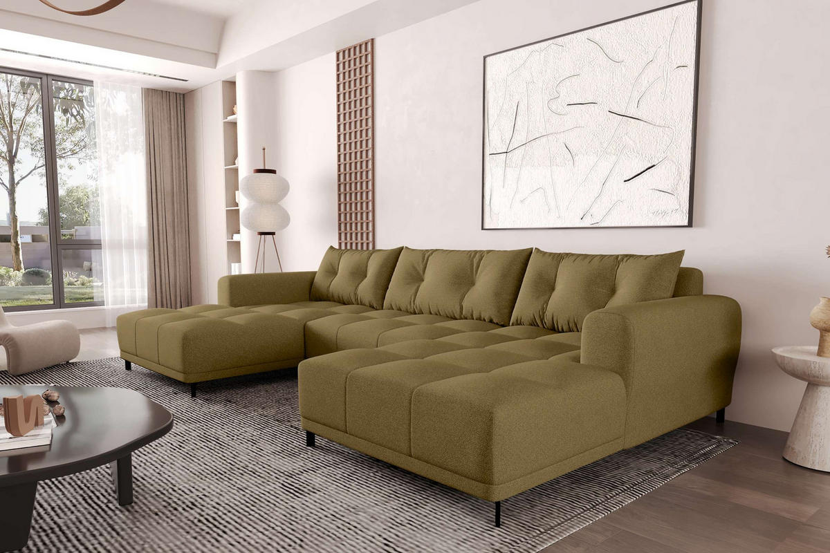 WOHNLANDSCHAFT Strukturstoff Khaki inkl. Schlaffunktion - Schwarz/Olivgrün, Textil/Metall (348/94/181cm) - 99rooms