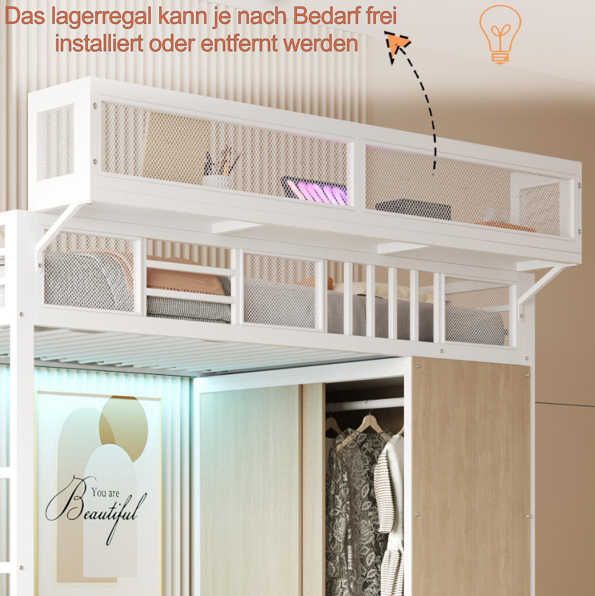 HOCHBETT 90/200 cm in Weiß mit Kleiderschrank, LED und Stauraumleiter - Weiß, Metall (90/200cm) - BEAOK